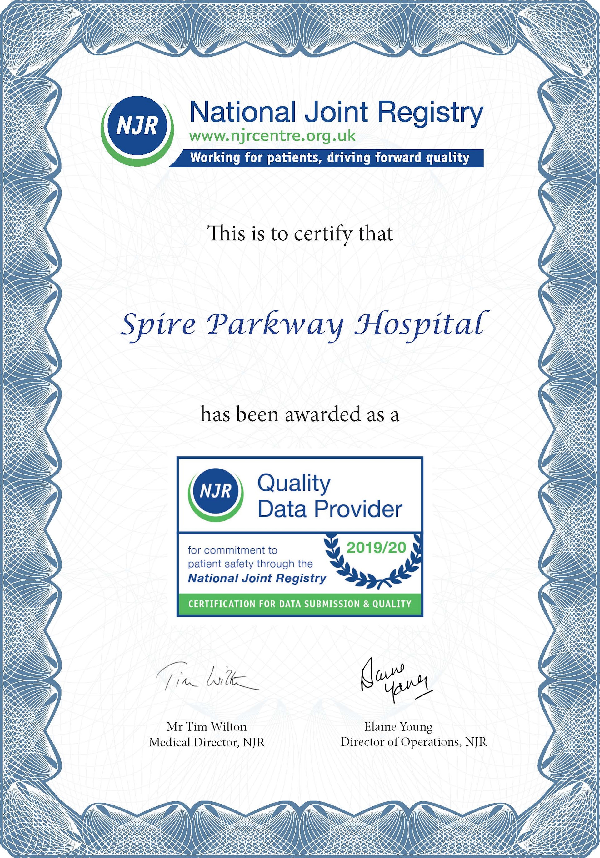 Spire Parkway Hospital receives National Joint Registry Award
