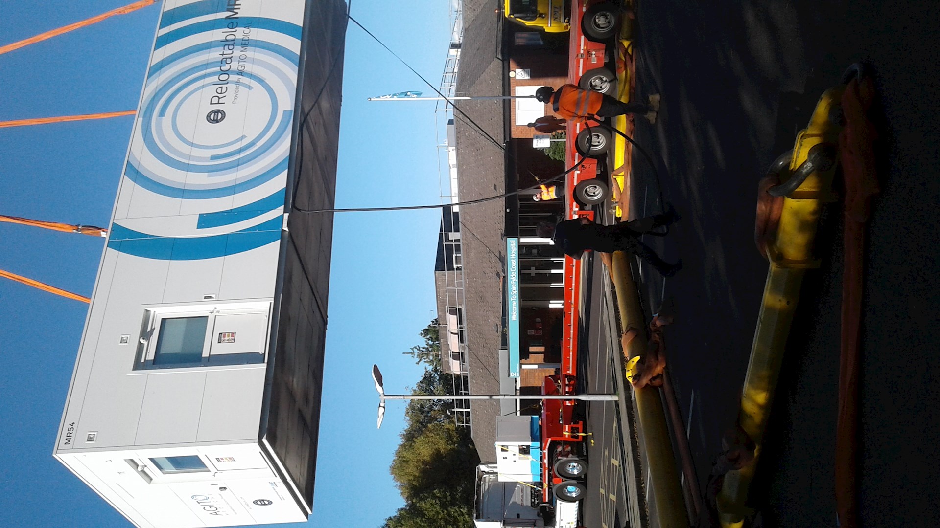 New mobile MRI unit being lowered into place at Spire Fylde Coast Hospital.