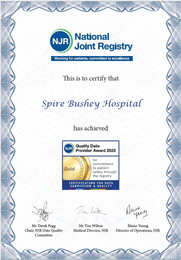 Spire Bushey Hospital awarded 'Gold' by the National Joint registry for commitment to patient safety