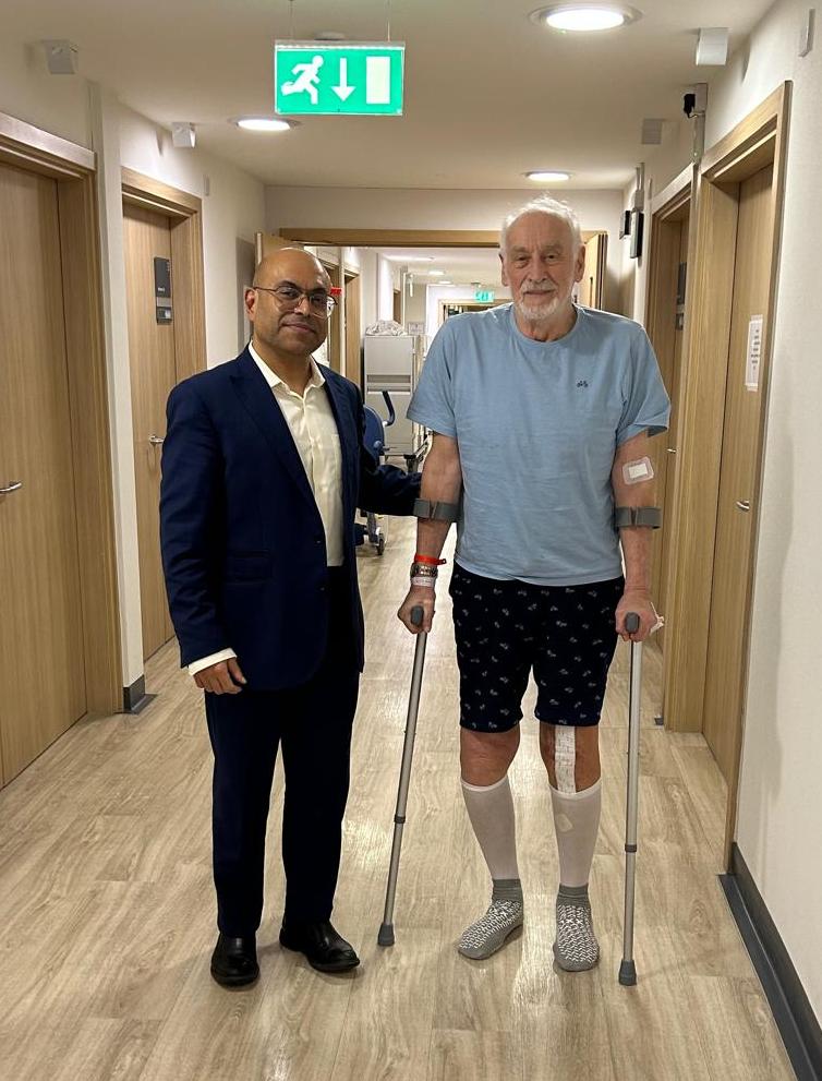 Mr Amit Shah with patient Mr Max Read following robotic-assisted knee replacement at Spire Fylde Coast Hospital