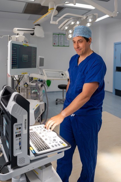 Consultant operating Aquablation® robotic system for enlarged prostate treatment at Spire Bristol Hospital.